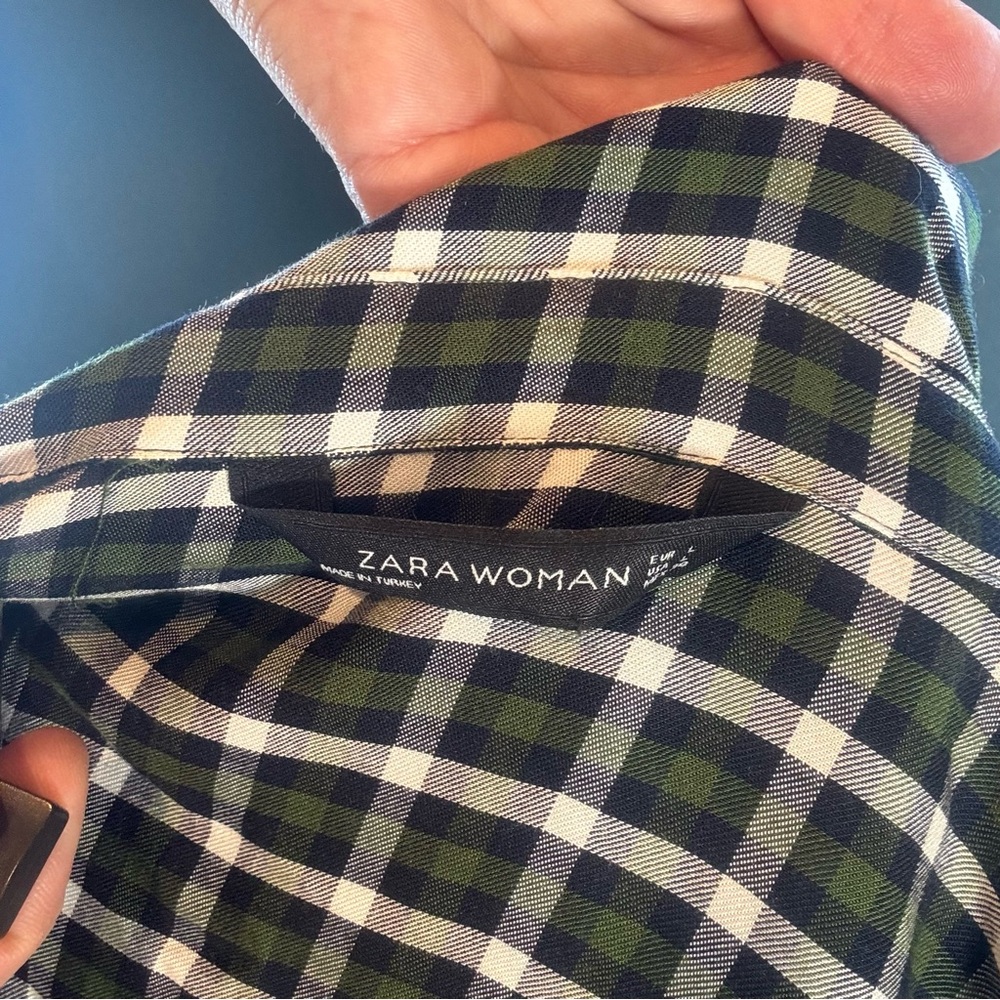 Zara Dark Green Checkered Long Sleeve Shirt Dress size Large - Picture 11 of 13